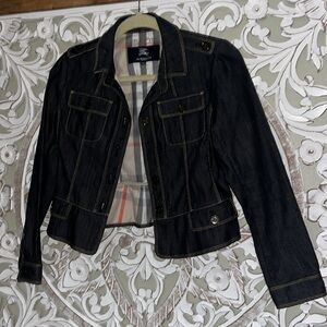 Burberry London Denim Nova Check Plaid Trim w Back Ruffle Button Up Jean Jacket